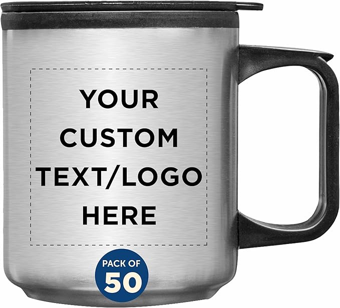 DISCOUNT PROMOS Custom Stainless Steel Travel Mugs with Handle 12 oz. Set of 50, Personalized Bulk Pack - Perfect for Coffee, Soda, Other Hot & Cold Beverages - Stainless Steel