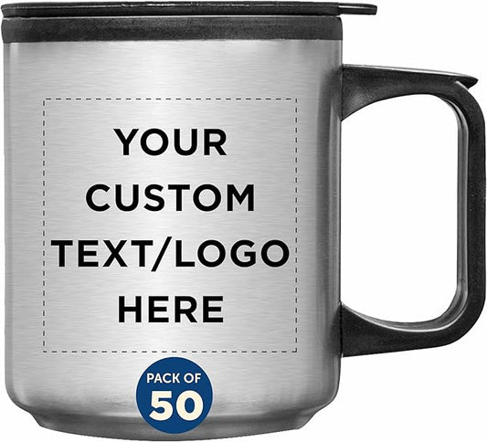 DISCOUNT PROMOS Custom Stainless Steel Travel Mugs with Handle 12 oz. Set of 50, Personalized Bulk Pack - Perfect for Coffee, Soda, Other Hot & Cold Beverages - Stainless Steel