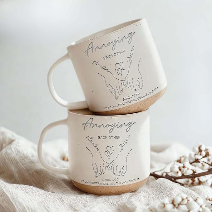 Personalized Annoying Each Other Pottery Mug 12oz, Funny Couple Line Art Coffee Mug, Custom Names Since Year, Wedding & Anniversary for Husband Wife Couple