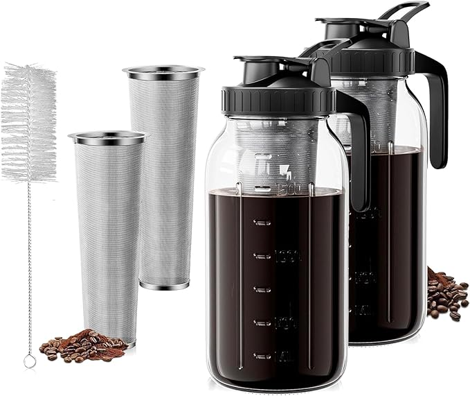 Scidea Cold Brew Coffee Maker, 2 Packs 64oz Mason Jar Pitcher with Durabel Glass & Stainless Steel Mesh Filter, Leak-Proof Glass Pither with Pour Spout Lid