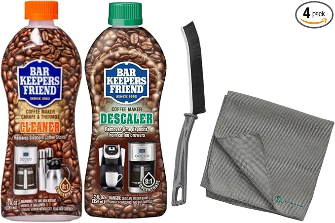 Multi-Surface Coffee Maker Descaling Solution – Professional-Grade Cleaner for Scale, Calcium & Residue – Restores Brew Performance – Includes Microfiber Cloth & Cleaning Brush (4-Piece Set)