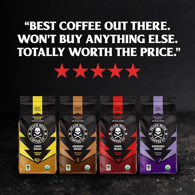Death Wish Coffee, Whole Bean Dark Roast - USA Organic Coffee Beans Bundle/Bulk - Fair Trade Arabica & Robusta - 16 Ounce (Pack of 2)