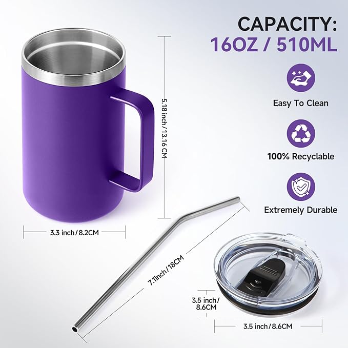 Volhoply 16oz Insulated Coffee Mug with Lid and Straw, Stainless Steel Travel Mugs with Handle, Double Wall Vacuum Leak Proof Coffee Tumbler Cup (Mix,2)