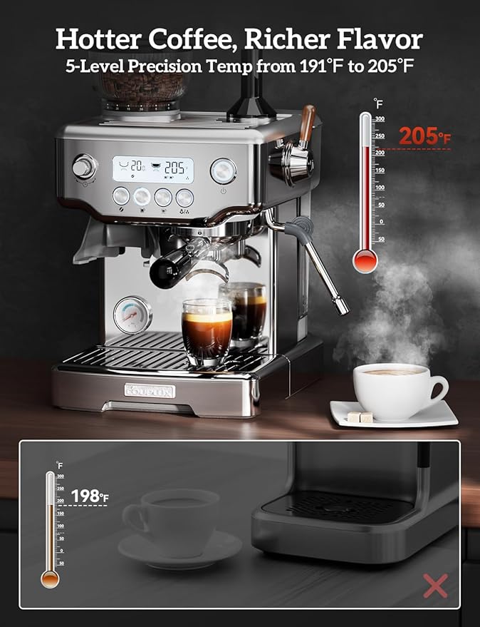 Espresso Machine, 4-IN-1 Professional 58MM Espresso Machine with Grinder 5 Temp Adjust & Compact Espresso Maker 15 Bar with Powerful Milk Frother, One-Touch Americano/Espresso, Stainless Steel
