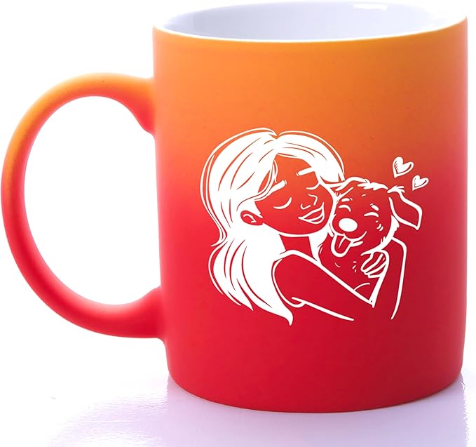 G MUGS Dog Lover Hug Ceramic Coffee Mug - 13oz Tea Mug with Girl & Dog Hug Design, Gift for Dog Owners Women Red And Yellow Mug