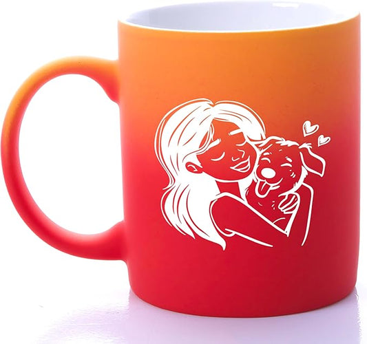 G MUGS Dog Lover Hug Ceramic Coffee Mug - 13oz Tea Mug with Girl & Dog Hug Design, Gift for Dog Owners Women Red And Yellow Mug