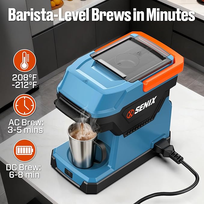 SENIX Portable Coffee Maker with 5000mAh Battery, Self Heating Coffee Machine for Car/RV/Camping, Dual AC/DC Power, Compatible with Ground & ESE Pods, Travel Drip Brewer with Stainless Steel Cup