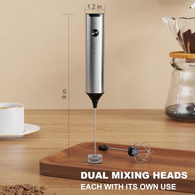 Soenglyun Rechargeable Milk Frother with Stand, 3 Speeds Drink Mixer Handheld with 2 Heads, Electric Frother Wand for Coffee, Latte, Cappuccino, Hot Chocolate, Matcha and Egg Mini Frother, Silver