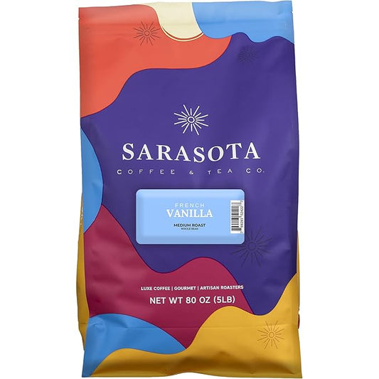 Sarasota Coffee Whole Bean French Vanilla | Medium Roast Gourmet Flavored Coffee Beans | Low Acid, Mold Free, Specialty Grade Bulk Beans | 5lb (80 oz)