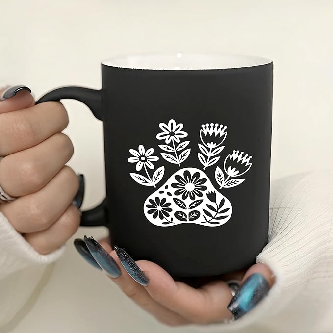 G MUGS Dog Paw Ceramic Tea Mug, Floral Pet Paw Design Coffee Mug, Cute Animal Lover Gift for Women,13oz Black Mug