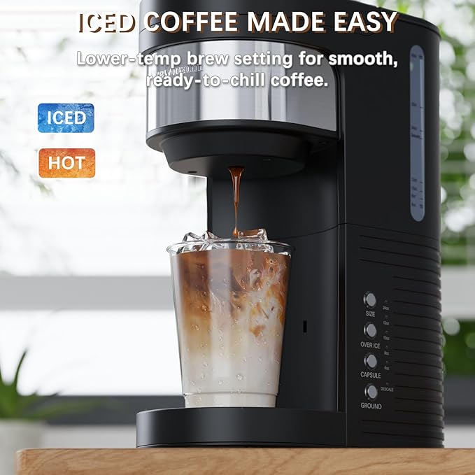 Single Serve Hot & Iced Coffee Maker, for K Cup Pod and Grounds, 6 to 24oz Brew Size, Slim Compact for Small Spaces, Descaling Reminder, with Reusable Filters, Black