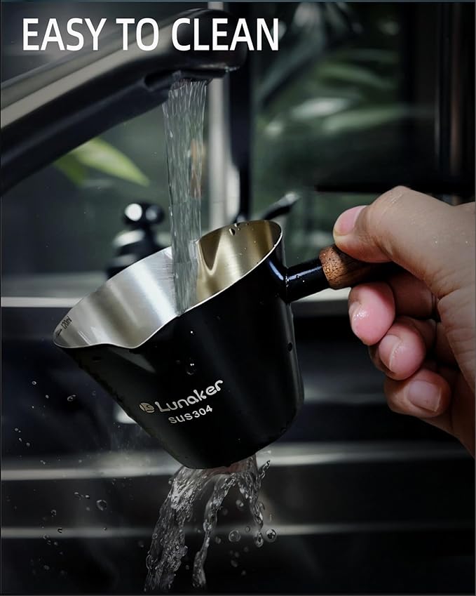 Espresso Cups - 4OZ Espresso Shot Cup with Wooden Handle -Measuring Cup with Double Spouts - Coffee Bar Accessories, Black（2 Pcs）