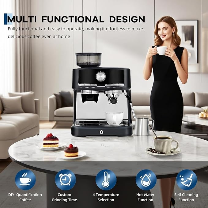 Professional Espresso Machine with Built-in Grinder, 20 Bar Pressure Stainless Steel Coffee Maker with Milk Frother, 1.5l Removable Water Tank for Latte & Cappuccino, Ideal for Home & Office Use