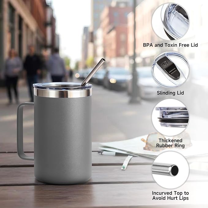 Volhoply 16oz Insulated Coffee Mug with Lid and Straw, Stainless Steel Travel Mugs with Handle, Double Wall Vacuum Leak Proof Coffee Tumbler Cup (Gray,1)