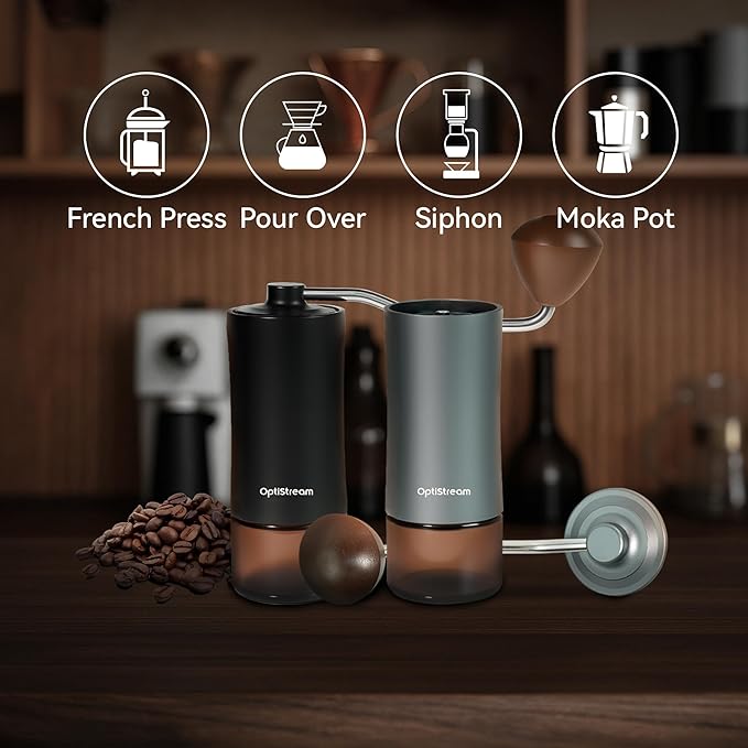 Portable Manual Coffee Grinder – Effortless 7 CNC420 High-Carbon Steel Burrs, Uniform 20 μm Grind, Full Aluminum Body & Tinted Glass Jar, 25 g capacity for travel (Black)