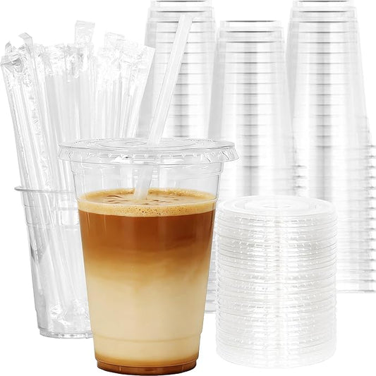 16 oz 100 Pack Disposable Clear Plastic Cups with Lids and Straws, Food Safe Bulk Iced Coffee Cups for Smoothies, Milkshakes and Other Cold Drinks