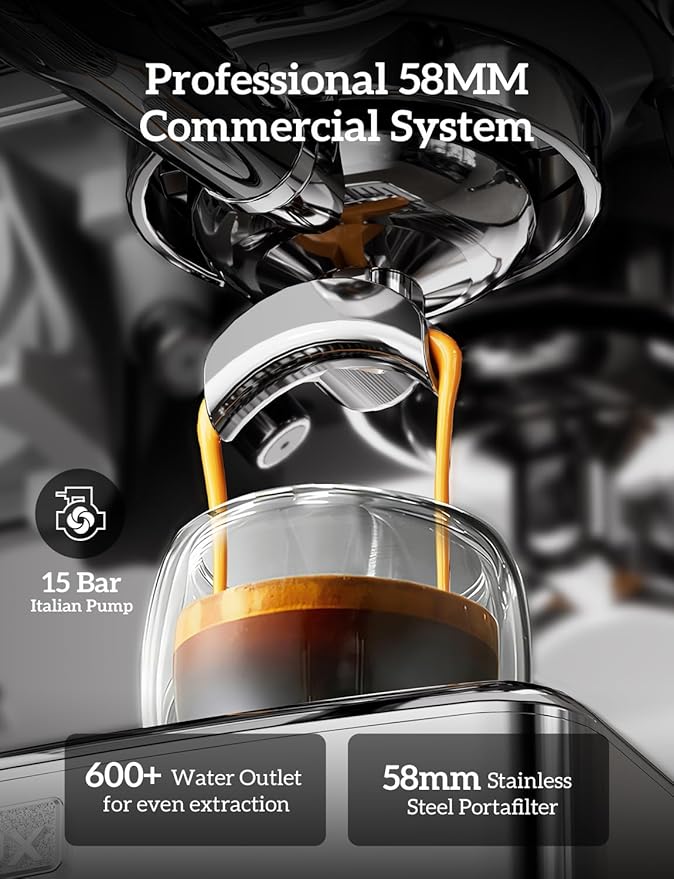 Espresso Machine, 4-IN-1 Professional 58MM Espresso Machine with Grinder 5 Temp Adjust & Compact Espresso Maker 15 Bar with Powerful Milk Frother, One-Touch Americano/Espresso, Stainless Steel