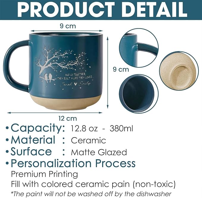 Personalized Love Birds Pottery Mug 12oz, Custom Couple Tree Design Coffee Mug with Names, Engagement, Wedding & Anniversary