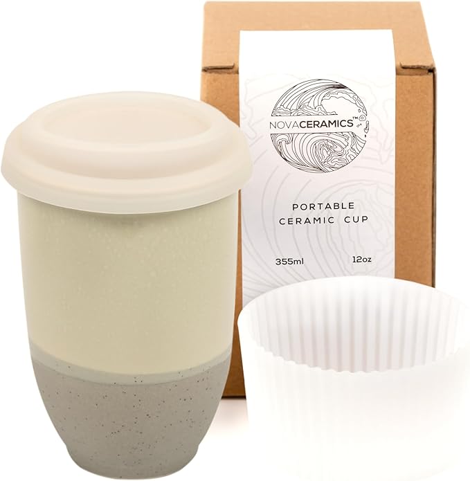 NOVA CERAMICS Travel Mug – Coffee Travel Mug – Reusable Coffee Cup Unique to Go Mug – Microwave & Dishwasher Safe Coffee White Tumbler - Gifts for Women Men Him Her – 12oz – Sea Mist