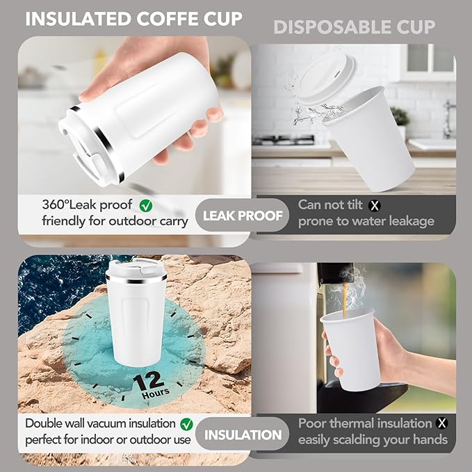 Volhoply 12 oz Double Wall Insulated Vacuum Travel Coffee Mug with Flip Lid Bulk 8 Pack,Reusable Stainless Steel Leak Proof Coffee Cup,Portable Thermal Tumblers for Hot & Cold Drinks(Assorted,8 Set)