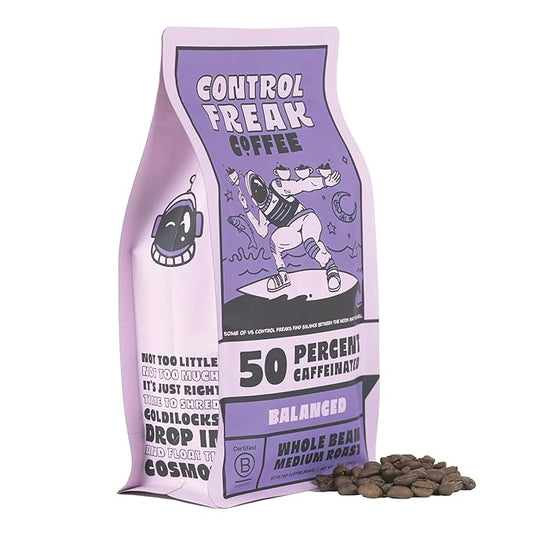 Control Freak Coffee Balanced – 50% Caffeine Whole Bean Coffee (32 Oz) | Half Caff Coffee Blend for Smooth Focus, Full Flavor for Half the Buzz | Sugarcane Decaf, Freshly Roasted Coffee Beans