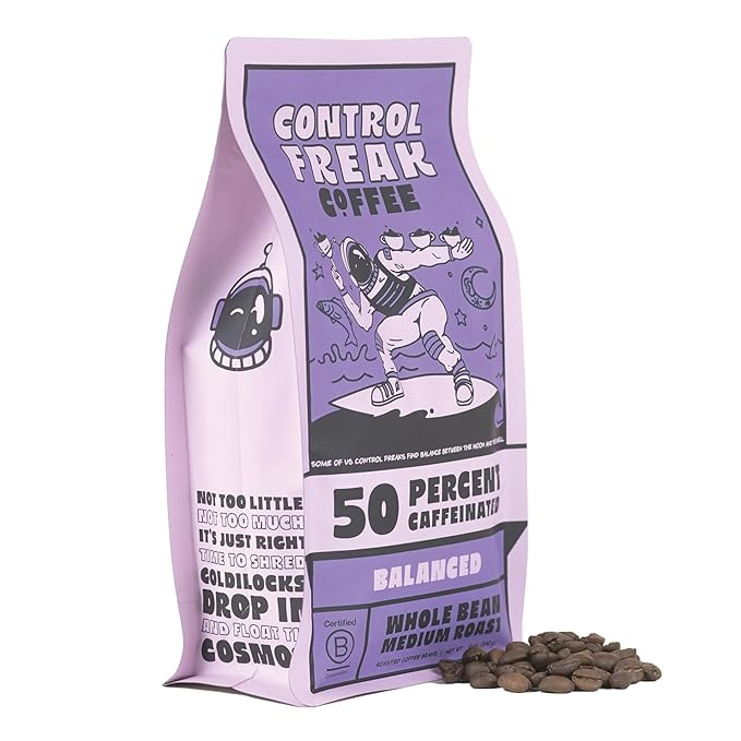 Control Freak Coffee Balanced – 50% Caffeine Whole Bean Coffee (12 Oz) | Half Caff Coffee Blend for Smooth Focus, Full Flavor for Half the Buzz | Sugarcane Decaf, Freshly Roasted Coffee Beans