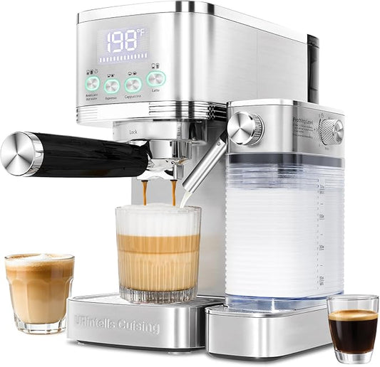 Espresso Machine 20 Bar Temperature Time LED Display Espresso Maker with Stepless Adjustable Automatic Milk Frother for Cappuccino Latte Americano Stainless Steel Coffee Machine with ESE Pod Filter