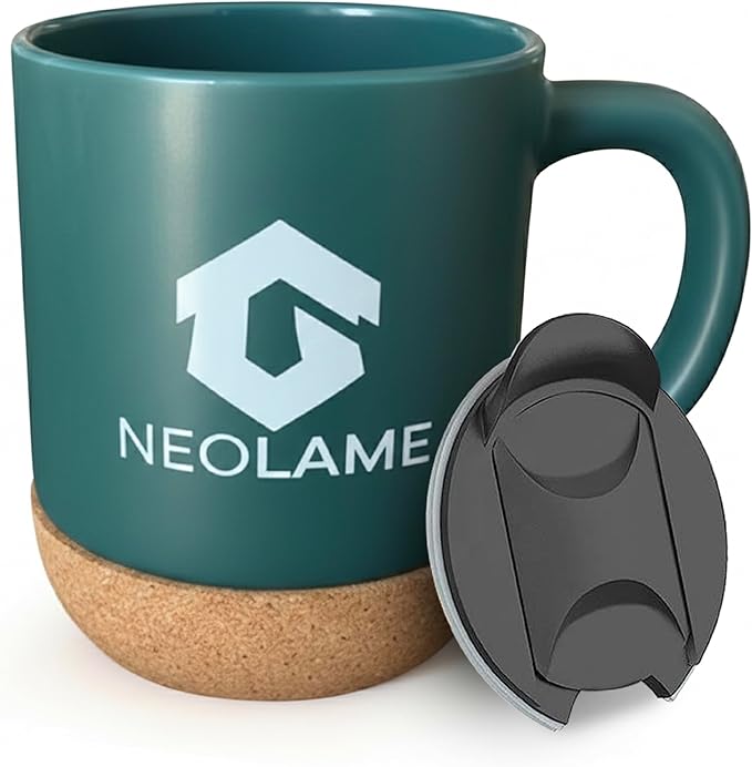NeoLame Ceramic Coffee Mug with Cork Bottom and Spill Proof, Re-usable Coffee Mug for Home or Work, Heat Preservation and Removable Locking lid with Sliding spout, 400ML Volume (green)