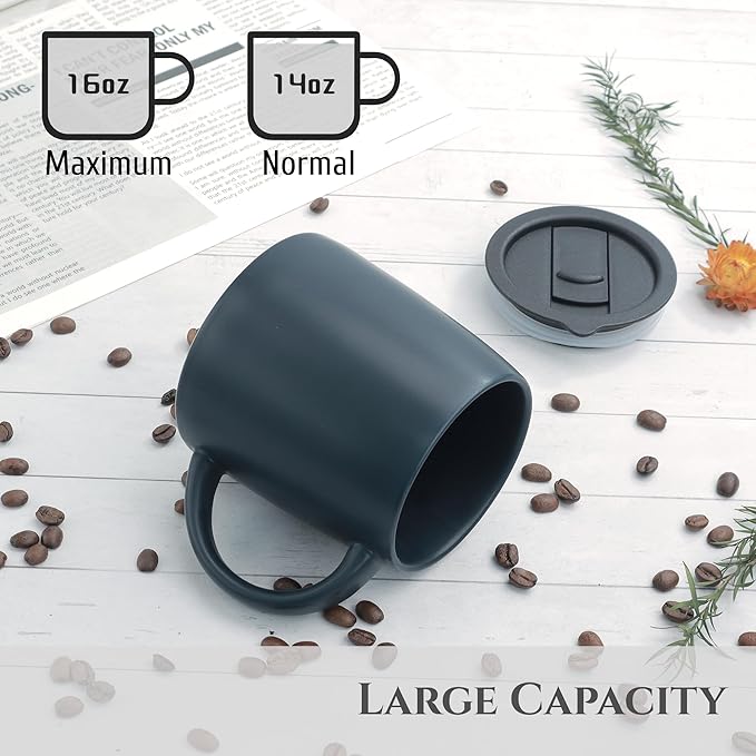 LINVIA Classic Mug, 14 oz Large Coffee Mug with Handle, Ceramic Porcelain Tea Cup, Smooth Matte (Sliding Lid, Set of 2, White and Navy Blue)