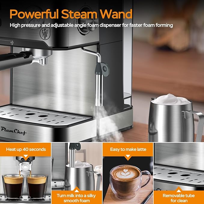 20 Bar Espresso Machine with Milk Frother, Dual Shot Coffee Maker, ESE Pod, Pressure Display, 54 OZ Removable Water Tank for Home Barista (Stainless Steel)