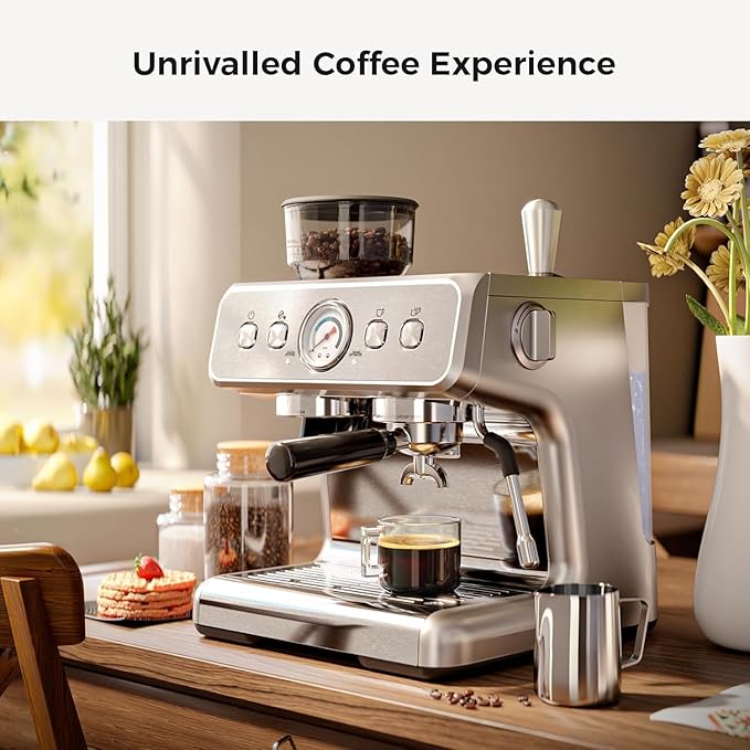 Kismile Espresso Machine with Grinder, 20 Bar Expresso Coffee Machines with Milk Frother Steam Wand, Espresso Maker with 30 Grind Settings, Expresso Machines for Home, Perfect for Cappuccino, Latte