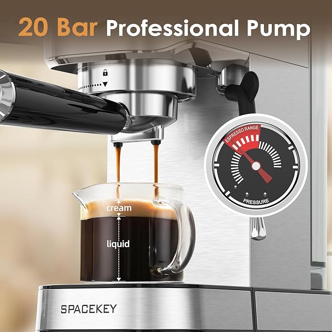 Spacekey Espresso Machine 20 Bar, 1350W Expresso Coffee Machines with Milk Frother, Compact Stainless Steel Espresso Maker with 39oz Removable Water Tank for Cappuccino, Latte, Americano, Silver