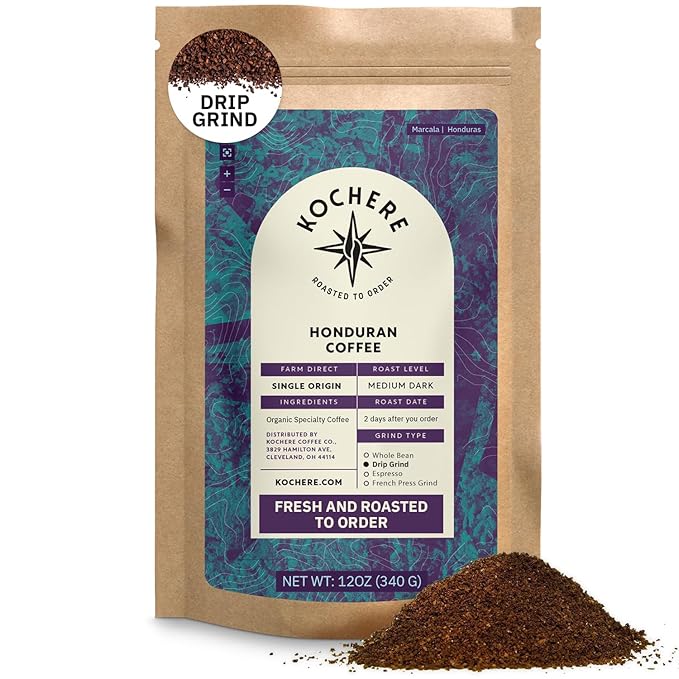 Organic Honduran Ground Coffee Medium Dark Roast - 12oz, Single Origin Arabica Coffee Beans, Fair Trade Specialty Coffee from Marcala, Hints of Caramel & Spice, Freshly Roasted To Order By Kochere