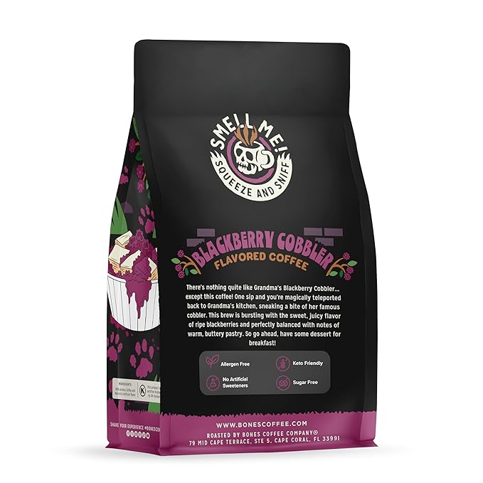 Bones Coffee Company Blackberry Cobbler Flavored Coffee Beans, Whole Bean Coffee Medium Roast Low Acid, Blackberry Cobbler Flavor (12 oz)