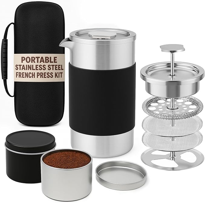 Camping French Press Coffee Maker Set - 12 oz | Portable Travel French Press Coffee Maker | Double Wall Insulated with Dual Stainless Filters & 2 Steel Canisters for Grounds, Tea, Creamer & Sugar