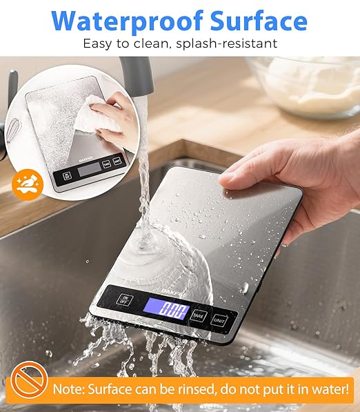 Food Scale - 15kg/33lb Rechargeable Digital Kitchen Scale with Full-View LCD Display, Grams and Ounces, Type-C or Batteries, Easy Clean Stainless Steel, for Baking, Cooking & Meal Prep, Black