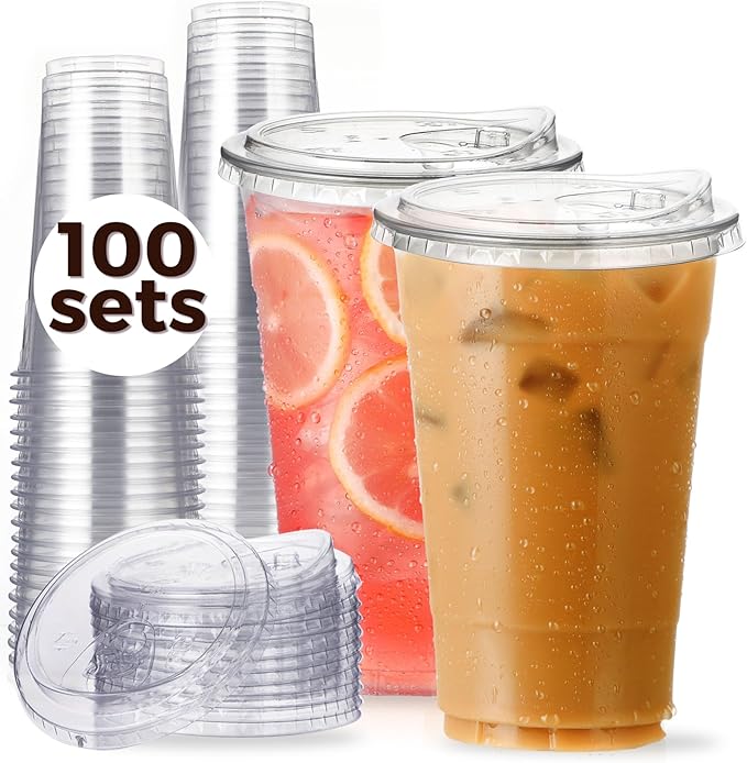 100 Pack 24 oz Clear Plastic Cups with Strawless-Sip-Lids, Disposable Cups Plastic Iced Coffee Cups, To Go Cups with Sip Through Lids for Smoothie, Milkshake, Cold Drinks for Party, Wedding, Event