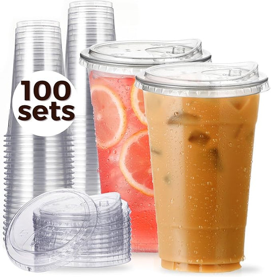 100 Pack 24 oz Clear Plastic Cups with Strawless-Sip-Lids, Disposable Cups Plastic Iced Coffee Cups, To Go Cups with Sip Through Lids for Smoothie, Milkshake, Cold Drinks for Party, Wedding, Event