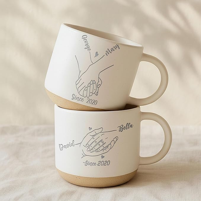 Personalized Couple Pottery Mug 12oz, Custom Names Since Year Coffee Mug, Minimalist Line Art Design, Engagement, Wedding & Anniversary