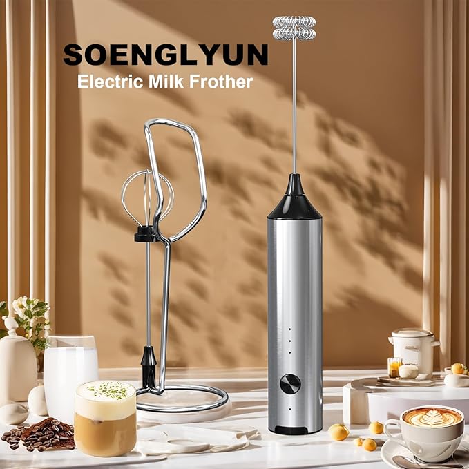 Soenglyun Rechargeable Milk Frother with Stand, 3 Speeds Drink Mixer Handheld with 2 Heads, Electric Frother Wand for Coffee, Latte, Cappuccino, Hot Chocolate, Matcha and Egg Mini Frother, Silver