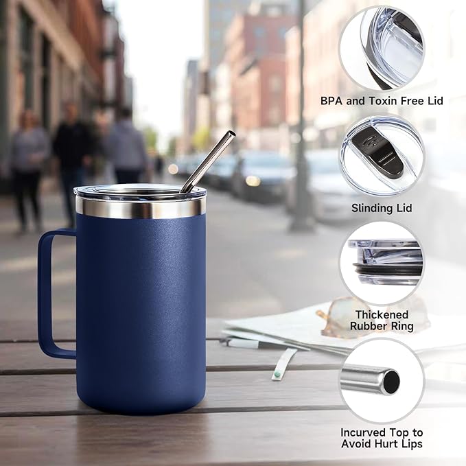 Volhoply 16oz Insulated Coffee Mug with Lid and Straw, Stainless Steel Travel Mugs with Handle, Double Wall Vacuum Leak Proof Coffee Tumbler Cup (Navy,1)