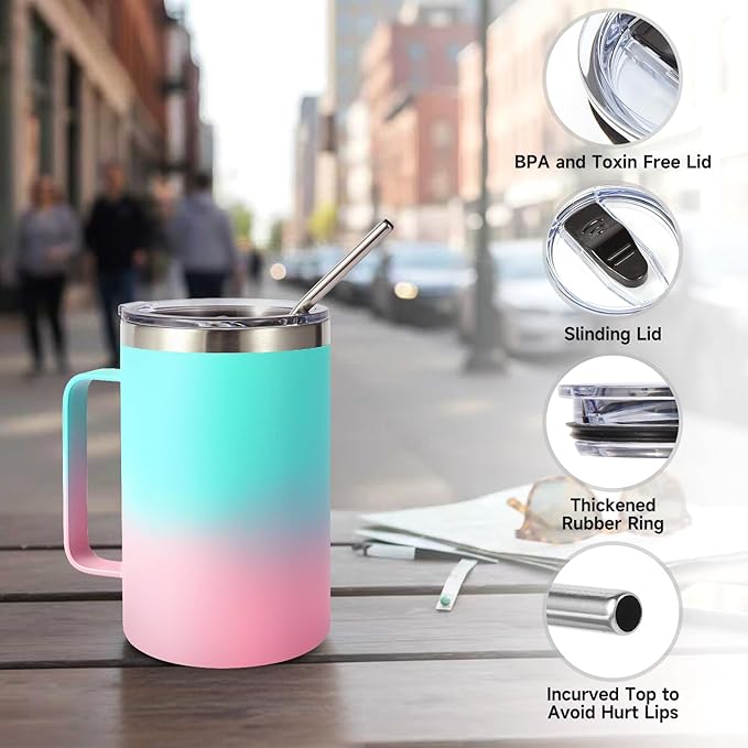 Volhoply 16oz Insulated Coffee Mug with Lid and Straw, Stainless Steel Travel Mugs with Handle, Double Wall Vacuum Leak Proof Coffee Tumbler Cup (Green Pink,1)