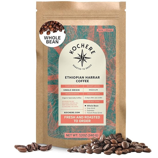 Organic Ethiopian Whole Bean Specialty Coffee Medium Roast - 12 oz, Single Origin Ethiopian Harrar Beans, Fair Trade, Chocolate & Fruity Notes - Roasted To Order