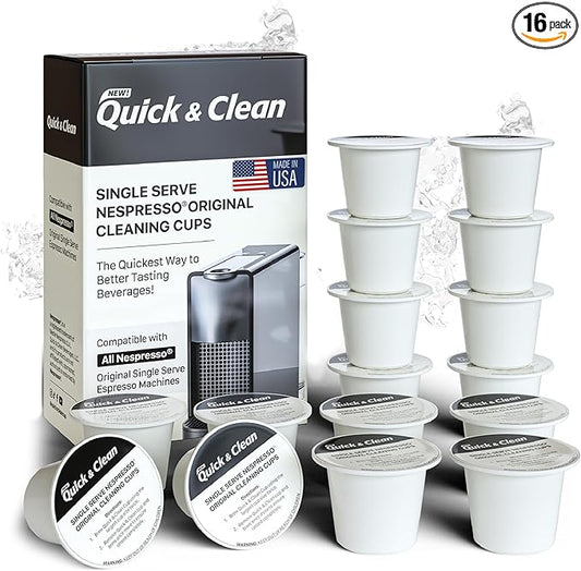 Quick & Clean 16-Pack Cleaning Pods Compatible with Nespresso Original Single Serve Espresso Machines - Removes Stains, Non-Toxic and Eco-Friendly
