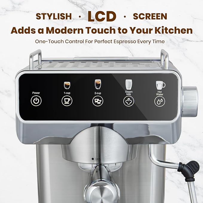 GeniCup Expresso Coffee Machines with Touchscreen 20 Bar Professional Espresso Maker with Milk Frother & Hot Water, Stainless Steel Coffee Maker for Latte Americano, Cappuccino Machine for Home Office