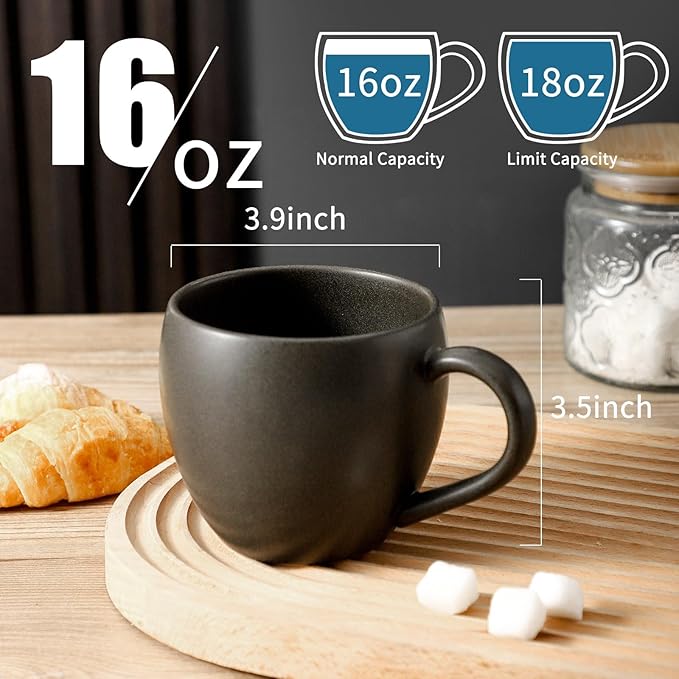 Tikooere Coffee Mugs Set of 4, Stoneware 16 Oz Coffee Mugs for Cappuccino Latte Cocoa and Tea, Ceramic Coffee Cups with Handle,Black Mugs for Housewarming Gifts, Microwave and Dishwasher Safe
