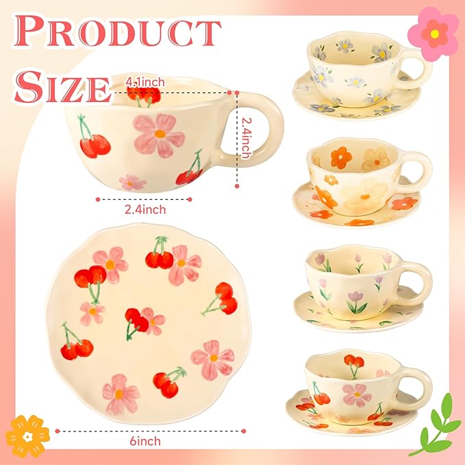MAKCNMYM Cappuccino Cup with Saucers Set of 4 Ceramics Coffee Mugs 8 oz Latte Art Cup Vintage Aesthetic Flower Barista Cups for Americano, Tea, Espresso,Mocha, Milk - Microwave and Dishwasher Safe