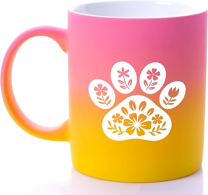 G MUGS Floral Dog Paw Ceramic Coffee Mug - 13oz Ceramic Tea Mug with Flower Decorated Paw Print Design,Gift for Pet Owners Women Men, Cute Dog Lover Yellow And Pink Mug