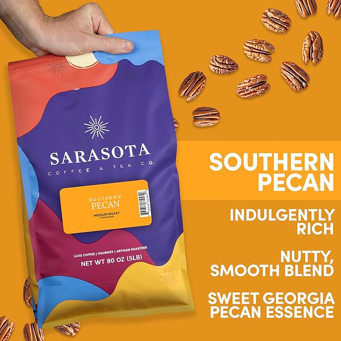 Sarasota Coffee Whole Bean Southern Texas Butter Pecan | Medium Roast Gourmet Flavored Coffee Beans | Low Acid, Mold Free, Specialty Grade Bulk Beans | 5lb (80 oz)
