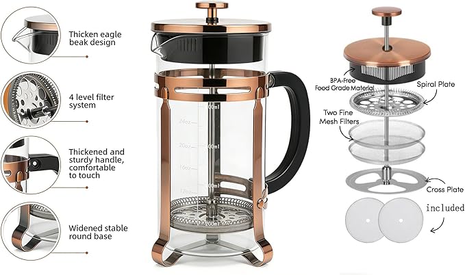 French Press Coffee Maker with Copper Frame, Multi-Layer Stainless Steel Filter, Glass Carafe with Measurement Markings, Easy to Clean, for Home & Office